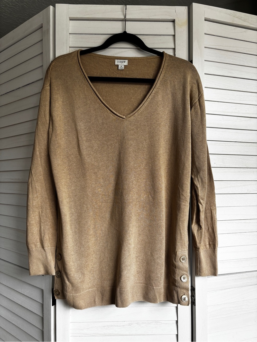 J. Crew V-Neck Button-Hem Sweater in Camel Brown